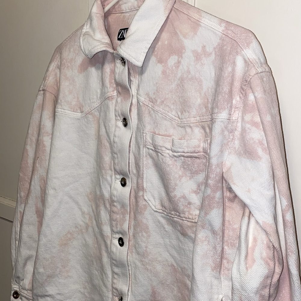 Zara XS Pink White Bleach Dye Button Up Denim Shirt - Picture 10 of 11